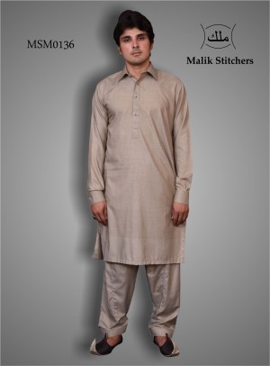 Mens's Simple Collar Shalwar Kameez in Grey Shade 