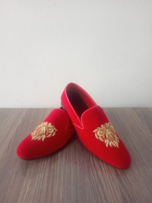 Men Red Velvet Shoe with Handwork on it