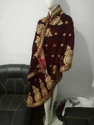 Maroon Velvet shawl with Gold Embroidery